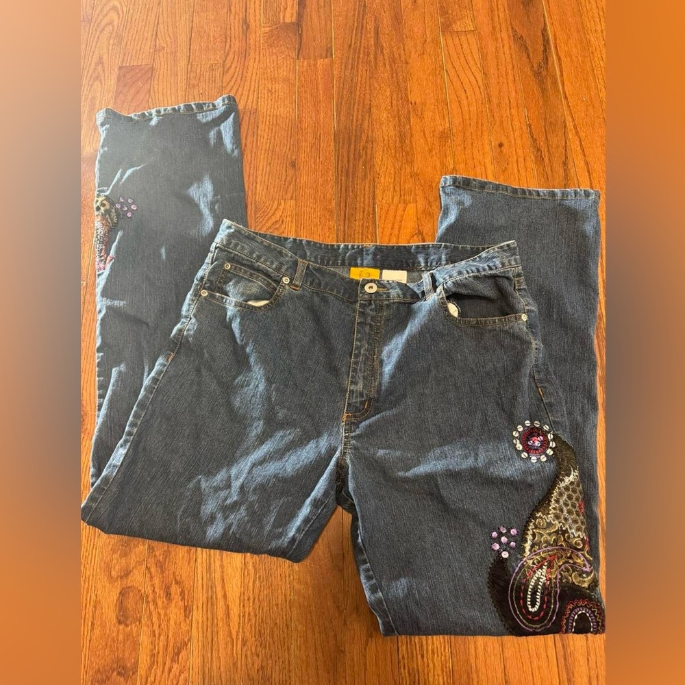 Embroidered Denim Jeans with Paisley Design